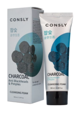 CONSLY, Пенка для умывания кремовая с древесным углем против черных точек, 100 мл